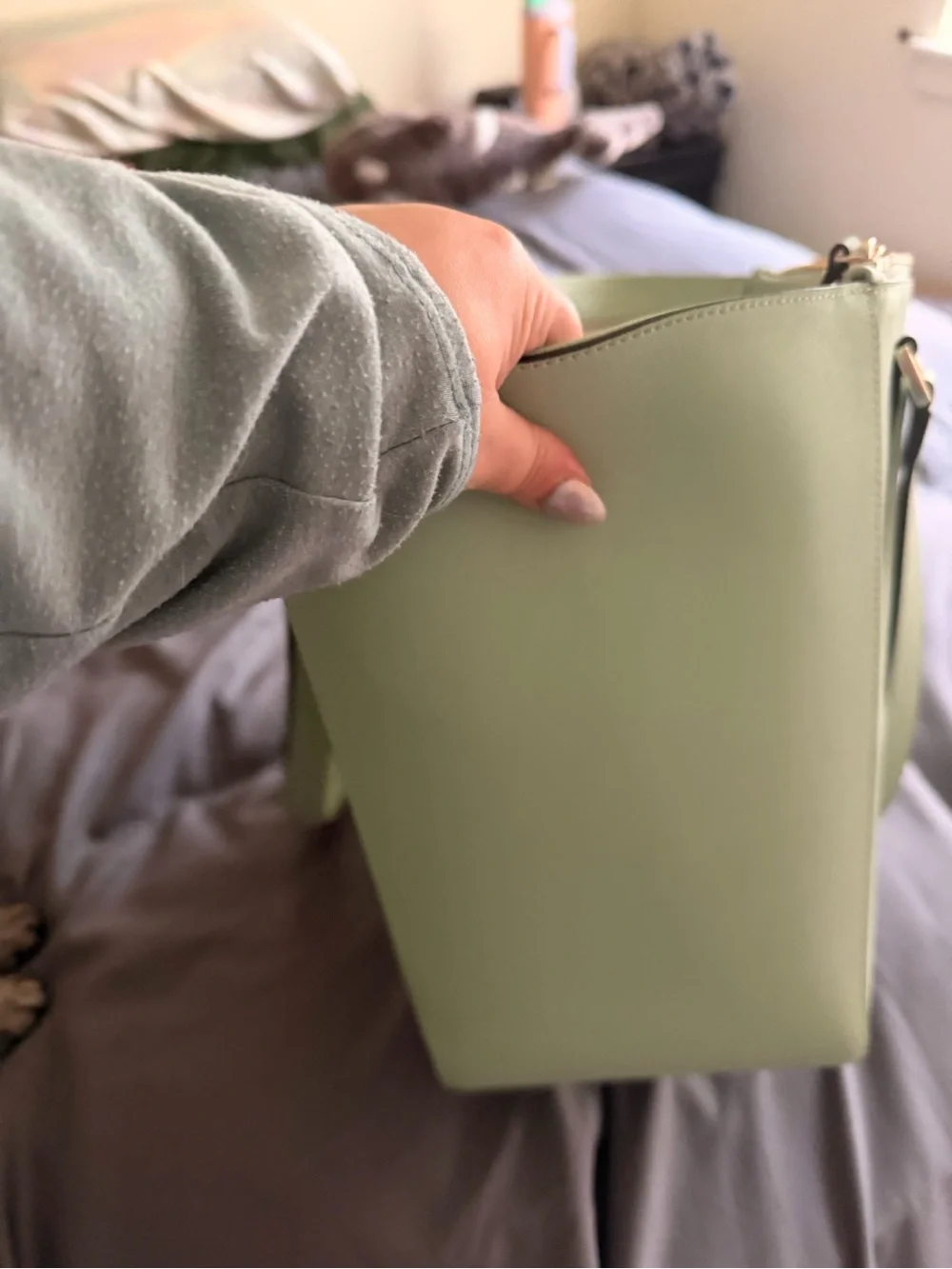kate spade sage green Saffiano leather tote with gold hardware